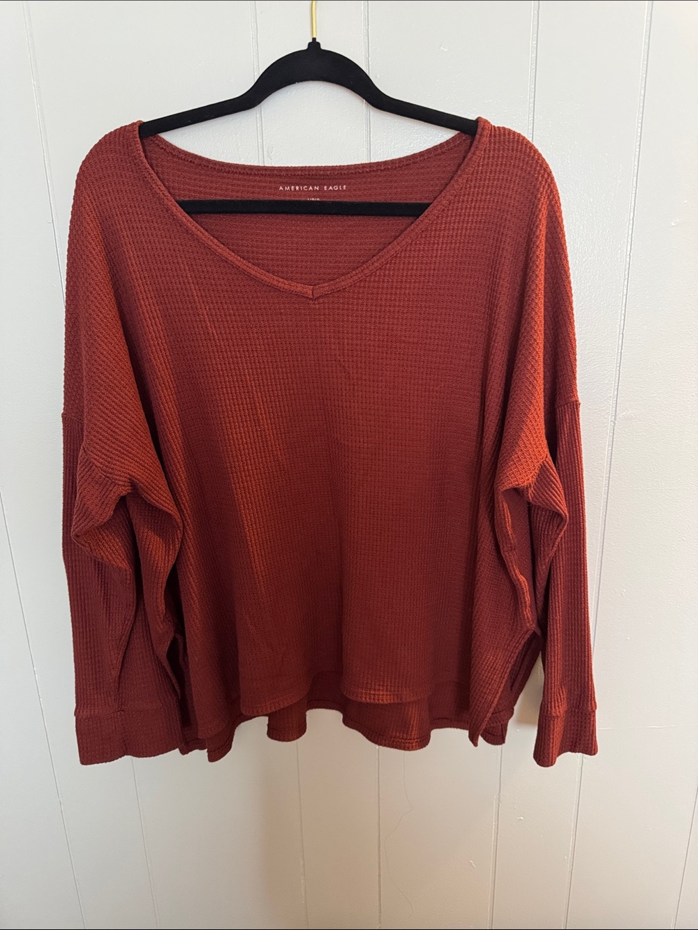American Eagle Outfitters Women's Rust Waffle V-Neck Pullover Size L